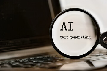 AI text generating technology demonstrated with laptop, text and magnifying glass and command...