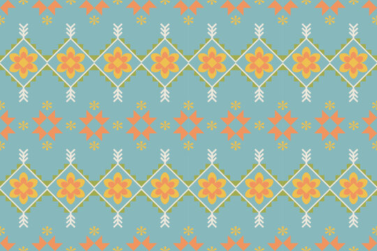 Ethnic abstract ikat.Seamless pattern in tribal.Native aztec boho vector design.Colorful geometric embroidery for Textiles,fabric,clothing,background,batik,knitwear,fashion