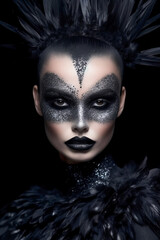 Dramatic Crow-Inspired Beauty. Feathered Fantasy Elegance Unveiled. AI Generated