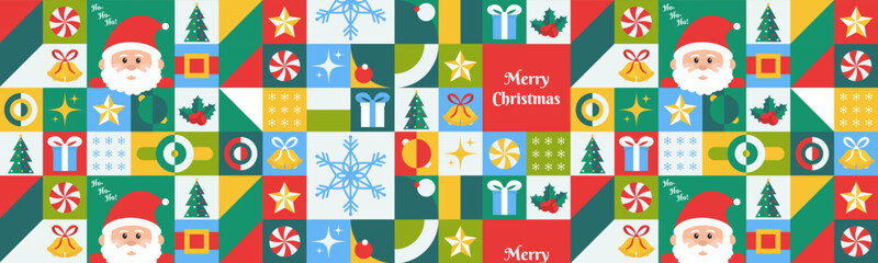 Fototapeta na wymiar Seamless Christmas abstract pattern with geometric shapes. Mosaic colorful Xmas background. Vector illustration. Template for holidays, gifts, invitations, business and social media. 