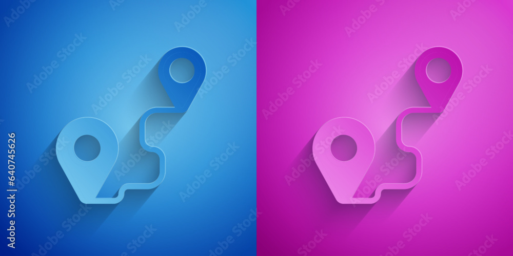 Poster paper cut route location icon isolated on blue and purple background. map pointer sign. concept of p