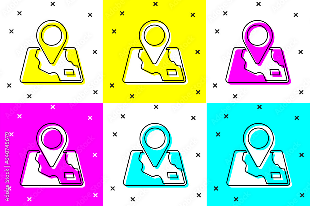 Poster set folded map with location marker icon isolated on color background. vector