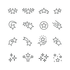Vector line set of icons related with stars. Contains monochrome icons like star, sky, night, constellation and more. Simple outline sign.