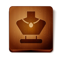 Brown Necklace on mannequin icon isolated on white background. Wooden square button. Vector
