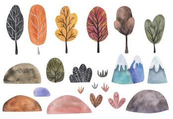 trees, mountains, bushes and hills in hand drawn cartoon style. Watercolor set constructor, Watercolor illustration