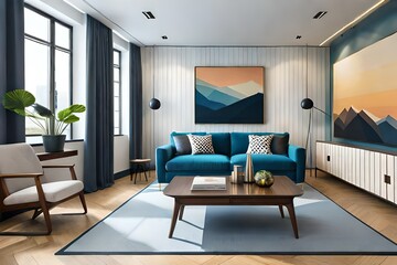 Pastel tone color in blue orange yellow and white room with geometric design