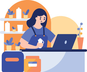 Hand Drawn Barista making coffee happily in flat style
