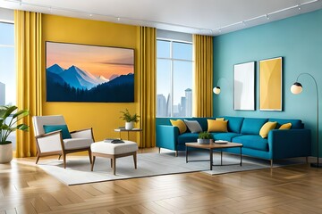 Fototapeta na wymiar Pastel tone color in blue orange yellow and white room with geometric design