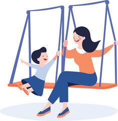 Hand Drawn mother playing on swings with child in flat style