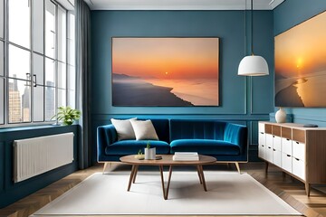 Pastel tone color in blue orange yellow and white room with geometric design