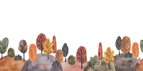 Autumn hills and trees in hand drawn cartoon style. Watercolor seamless border