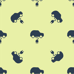 Blue Electric car and electrical cable plug charging icon isolated seamless pattern on yellow background. Renewable eco technologies. Vector