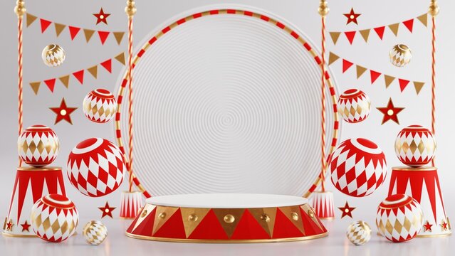 3D rendering for amusement park, circus, carnival fair theme podium with many rides and shops circus tent 3d illustration