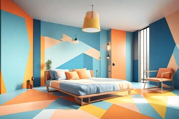 Pastel tone color in blue orange yellow and white room with geometric design