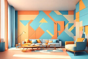 Pastel tone color in blue orange yellow and white room with geometric design