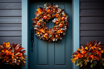 Autumn wreath on front house door	
