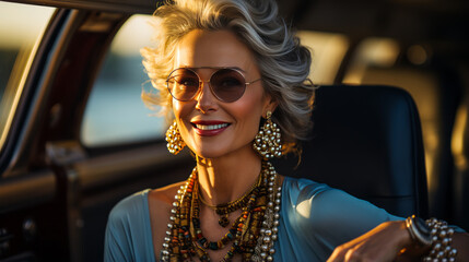 Radiant woman in her 50s, adorned with pearls, beams amidst the luxury of a private jet, a symbol of elegance, wealth and refined lifestyle.