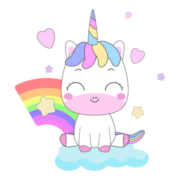 cute unicorn Decorate with rainbows, hearts and stars for illustration.