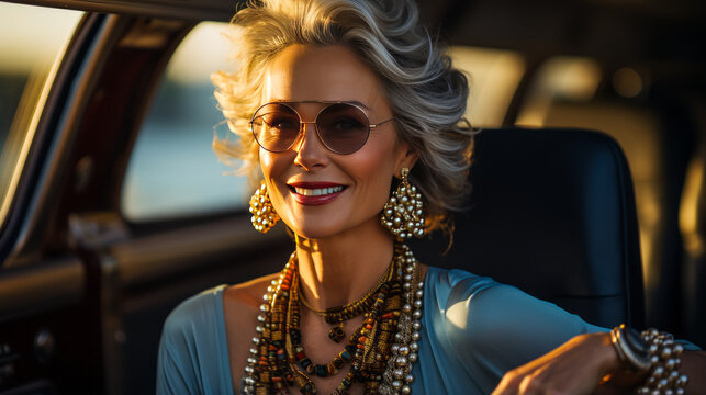 Radiant woman in her 50s, adorned with pearls, beams amidst the luxury of a private jet, a symbol of elegance, wealth and refined lifestyle.