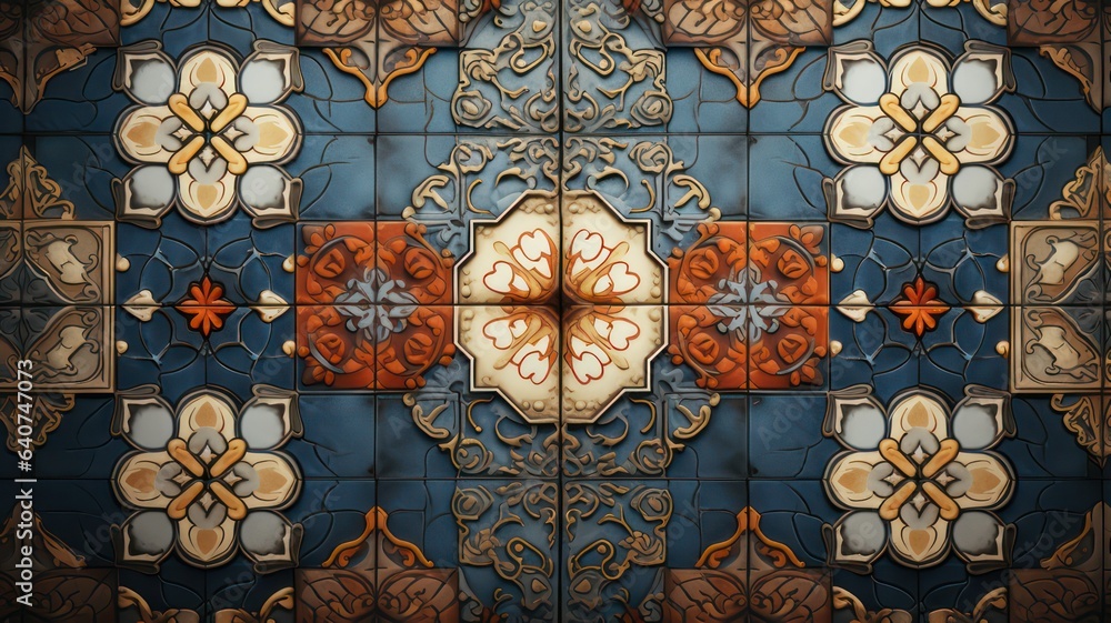 Poster fancy tiles background in blue, red and brown with white ornaments created with generative ai