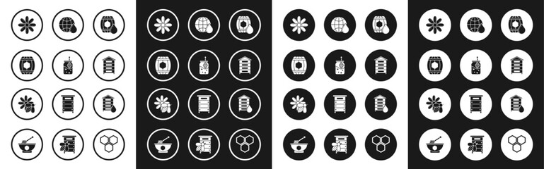 Set Wooden barrel with honey, Jar of and dipper stick, Flower, Hive for bees, Honeycomb map the world, and Bee flower icon. Vector