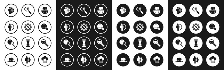 Set Globe and people, Gear with dollar symbol, Time Management, User of man in business suit, Magnifying glass gear, for search and icon. Vector