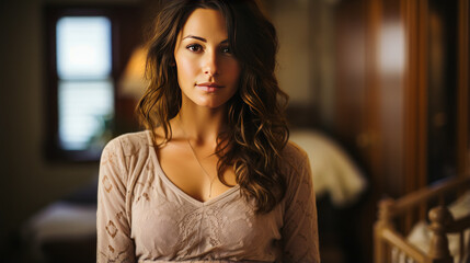 Poignant scene of mature woman expressing lower back pain, blurred image of an empty crib in the backdrop reflecting emotional concern and life transitions.