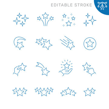 Vector line set of icons related with stars. Contains monochrome icons like star, sky, night, constellation and more. Simple outline sign. Editable stroke.