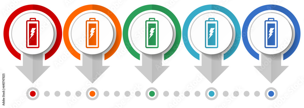 Fototapete battery vector icon set, flat design infographic template, set pointer concept icons in 5 color opti