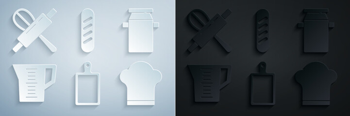 Set Cutting board, Can container for milk, Measuring cup, Chef hat, French baguette bread and Kitchen whisk and rolling pin icon. Vector