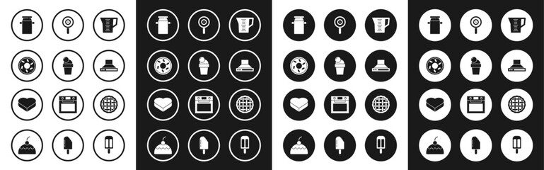 Set Measuring cup, Ice cream, Donut, Can container for milk, Kitchen extractor fan, Lollipop, Homemade pie and Candy heart shaped box icon. Vector