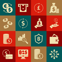 Set Dollar, share, network, Wallet with money, plant, Coin pound, Financial growth and dollar, Money exchange and Hand holding bag icon. Vector