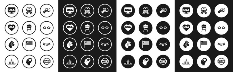 Set USA Independence day, Barbecue grill, Glasses with stars, Medal, Carnival garland flags and Native American Indian icon. Vector