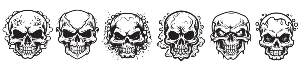 Halloween human skulls vector illustration, black silhouette laser cutting