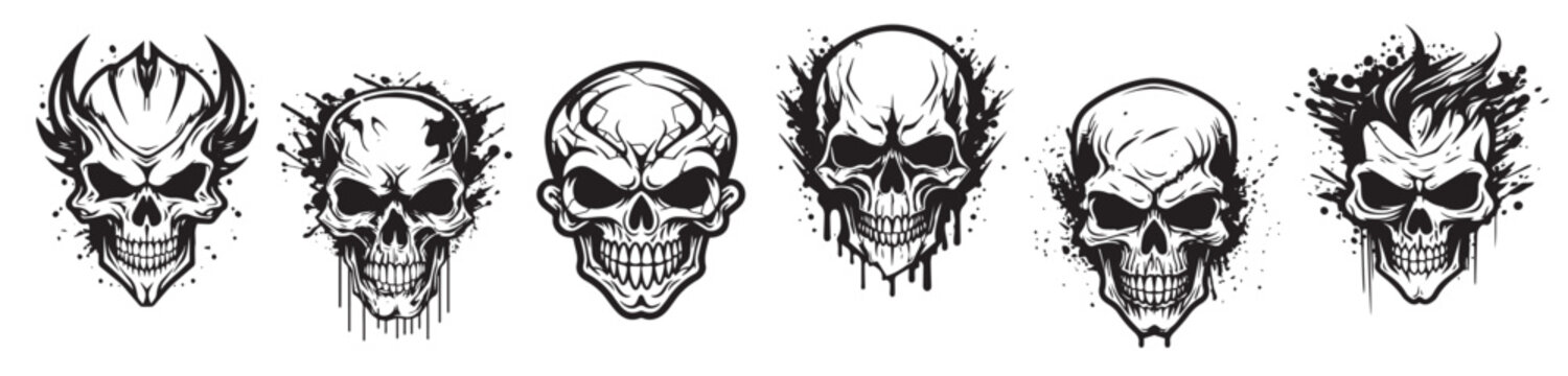 Halloween human skulls vector illustration, black silhouette laser cutting