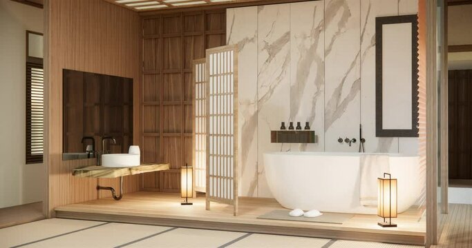 The Bath and toilet on bathroom japanese wabi sabi style .3D rendering