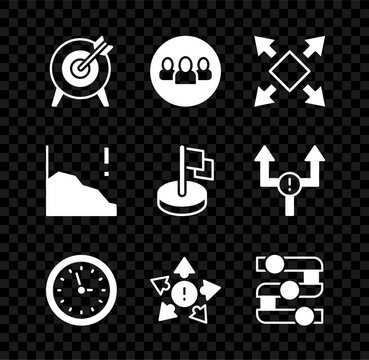 Set Target, Project team base, Many ways directional arrow, Clock, Graph, chart, diagram, Financial growth decrease and Flag icon. Vector