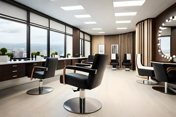 Beauty salon with chairs and round mirror,