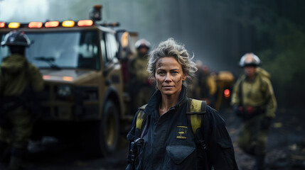 Fototapeta premium Portrait of Firefighter at Wildfire - Generative Ai