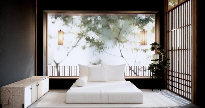 Bedroom japanese minimal style Modern wall and wooden floor, room minimalist. 3D rendering