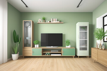 TV and display cabinet with wooden floor and pastel green walls, minimalist and vintage living room interior, 3d rendering. Template