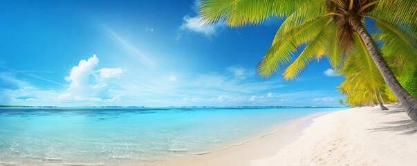 Beautiful tropical beach with white sand, turquoise ocean on background blue sky with clouds on sunny summer day. Palm tree leaned over water. Perfect, Generative AI