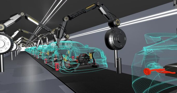 Robotic Arms Producing Environmentally Friendly Electric Vehicles. Industry And Technology Related Concept 3D Animation.