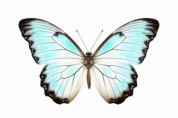 Fototapeta premium Butterfly is white with a black pattern and light blue tint isolated on a white background. Morpho polyphemus, White Morpho, Generative AI
