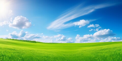 Fototapeta na wymiar Panoramic natural landscape with green grass field meadow and blue sky with clouds, bright sun and horizon line. Panorama summer spring grassland in sunny, Generative AI