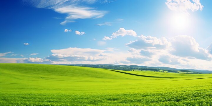 Panoramic natural landscape with green grass field meadow and blue sky with clouds, bright sun and horizon line. Panorama summer spring  grassland in sunny, Generative AI