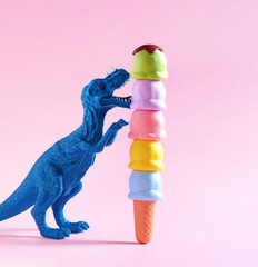 Happy blue dinosaur holding huge waffle cone with ice cream on pink background.