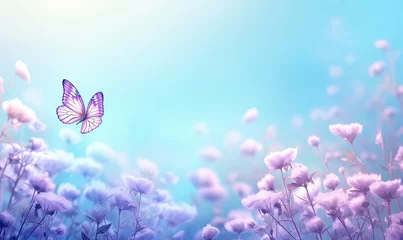 Selbstklebende Fototapeten Floral spring natural blue background with fluffy airy lilac flowers on meadow and fluttering butterflies on blue sky background. Dreamy gentle air artistic image. Soft, Generative AI © Digi ART