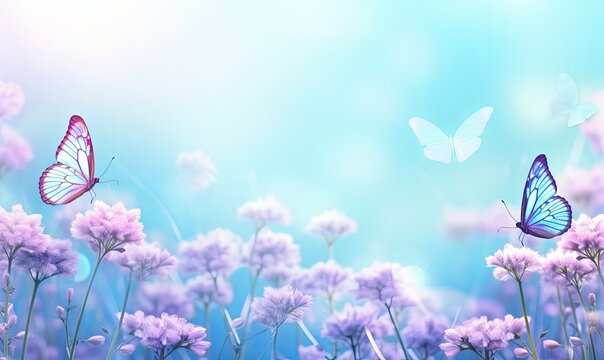 Fototapeta Floral spring natural blue background with fluffy airy lilac flowers on meadow and fluttering butterflies on blue sky background. Dreamy gentle air artistic image. Soft, Generative AI