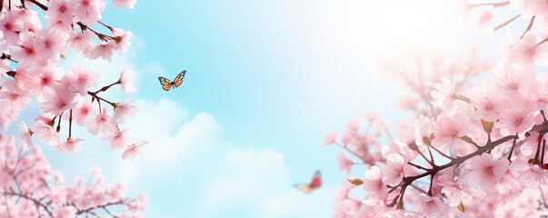 Spring banner, branches of blossoming cherry against background of blue sky and butterflies on nature outdoors. Pink sakura flowers, dreamy romantic image spring, landscape panorama, Generative AI